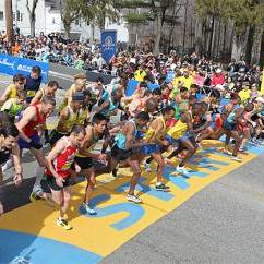 The elite men start the 117th running of the Boston Marathon, in Hopkinton, Mass., Monday, April 15, 2013